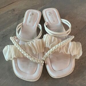 Cute Pearl Ruffle Slide Sandals Women White Open Toe Flat Casual Shoes Size 40